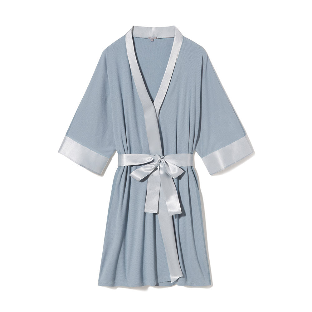 Shala Rib Knit Kimono Robe With Satin Belt And Trim