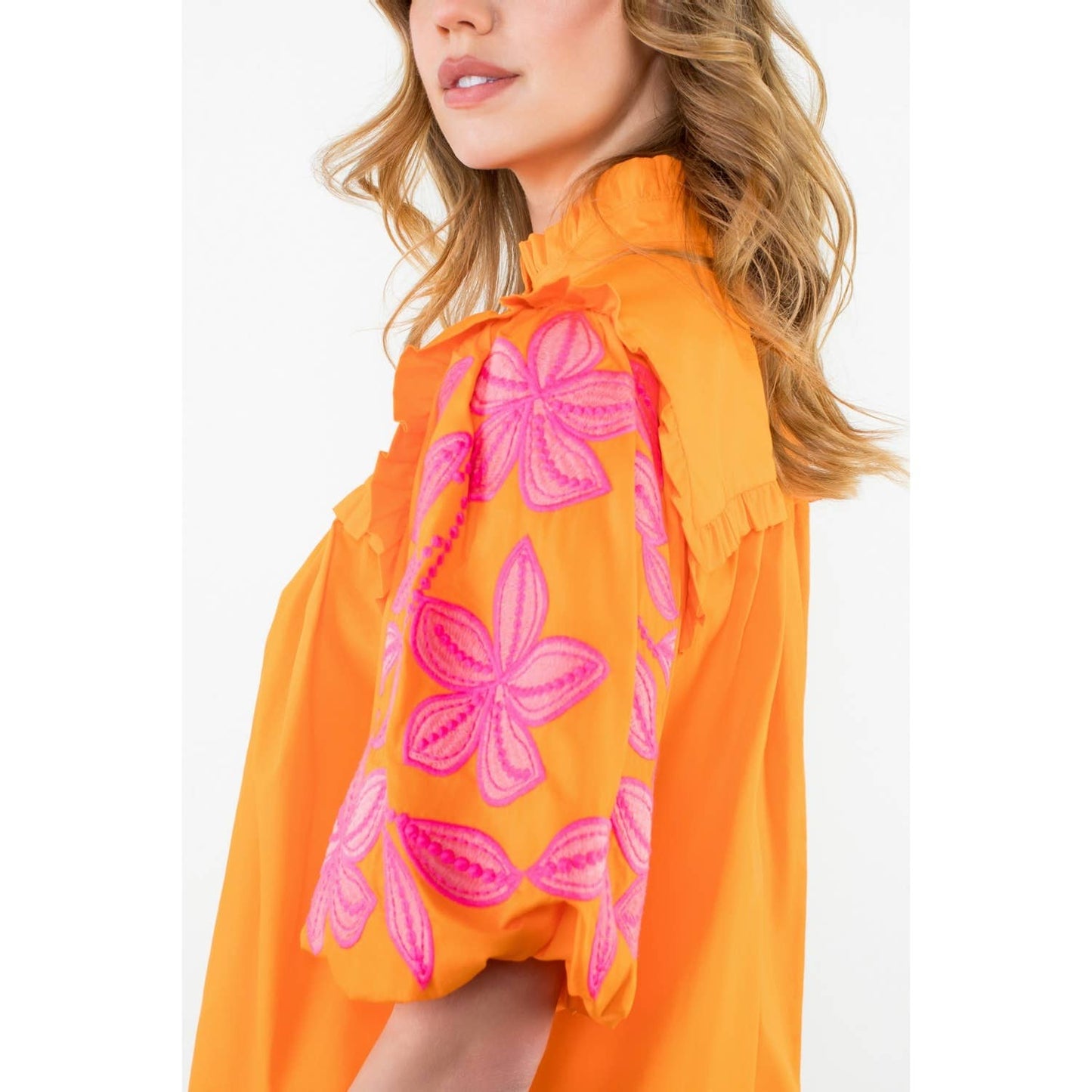 Embroidered Poplin Puff Sleeve Top