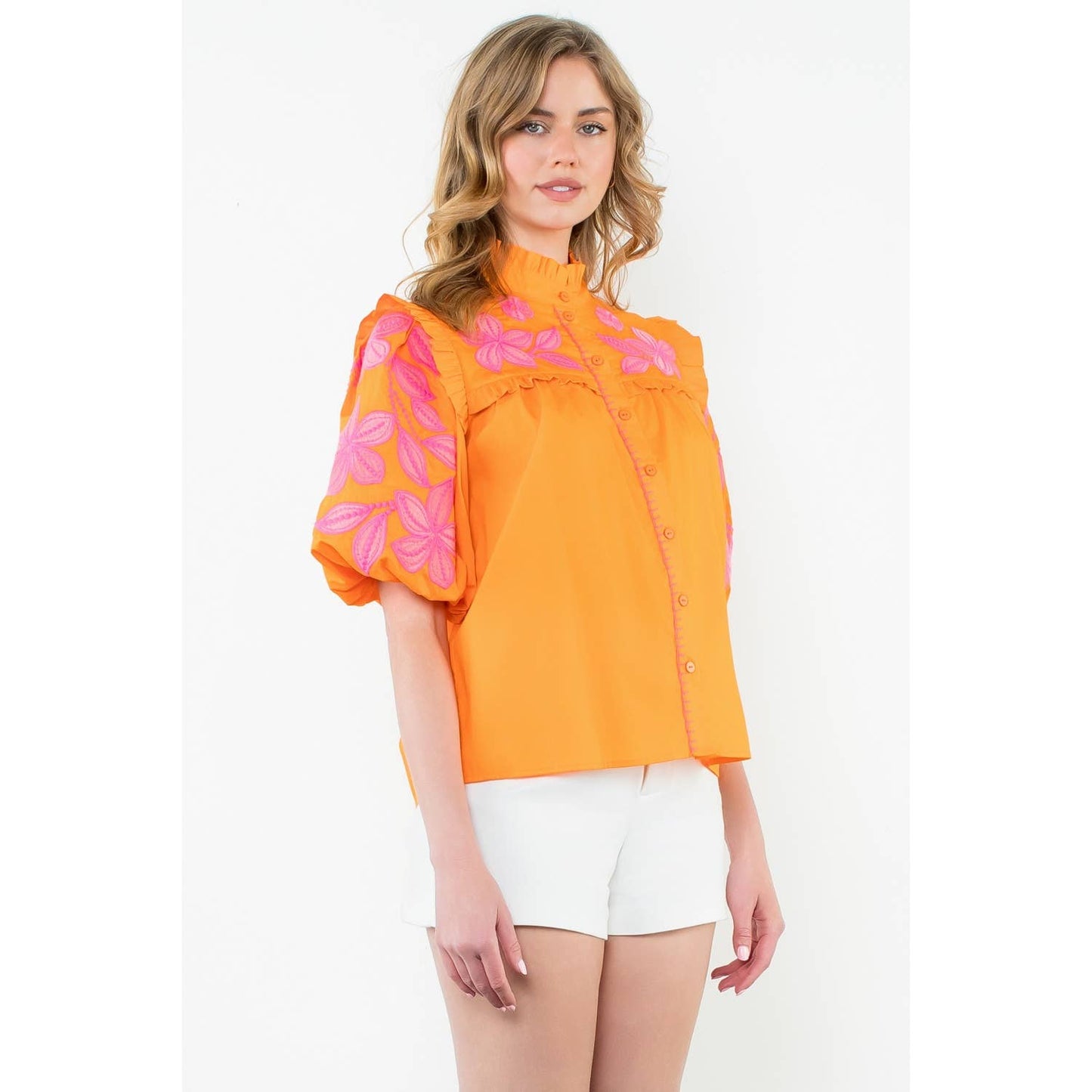 Embroidered Poplin Puff Sleeve Top