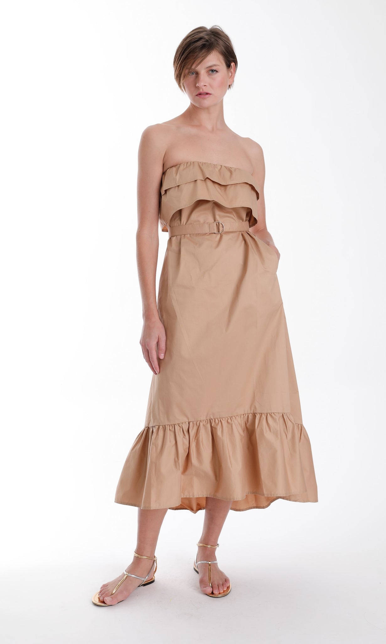 Karina Grimaldi Priscilla Strapless Midi Dress – Khaki