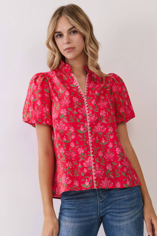 Floral Print Puff Sleeve Blouse | Red