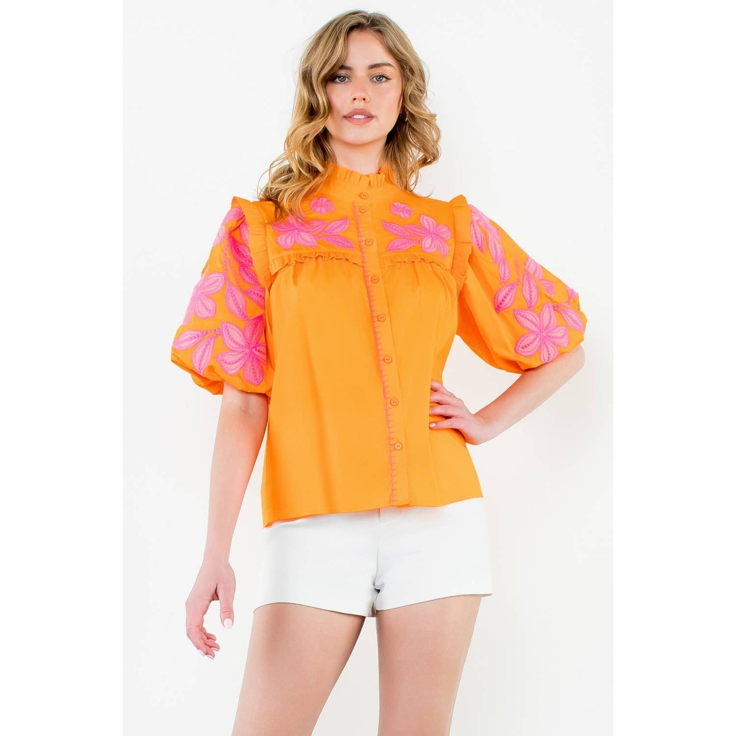 Embroidered Poplin Puff Sleeve Top