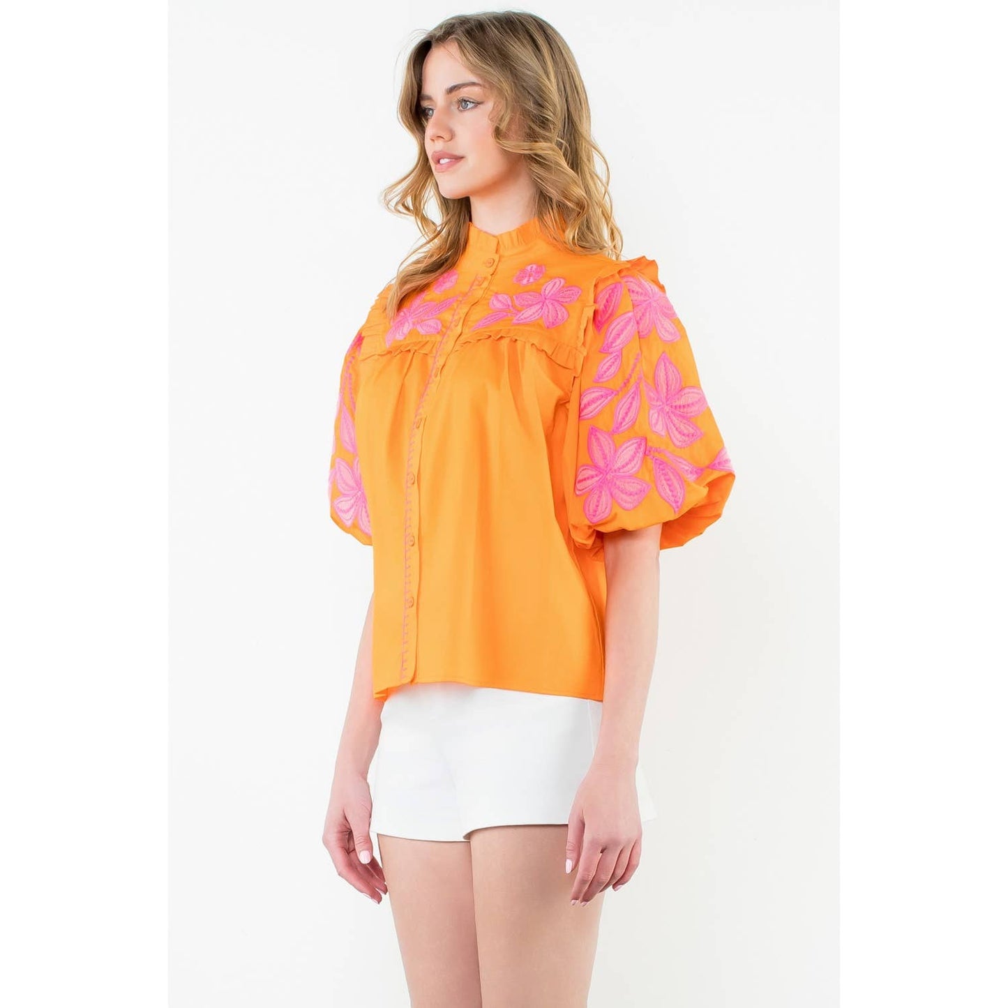 Embroidered Poplin Puff Sleeve Top