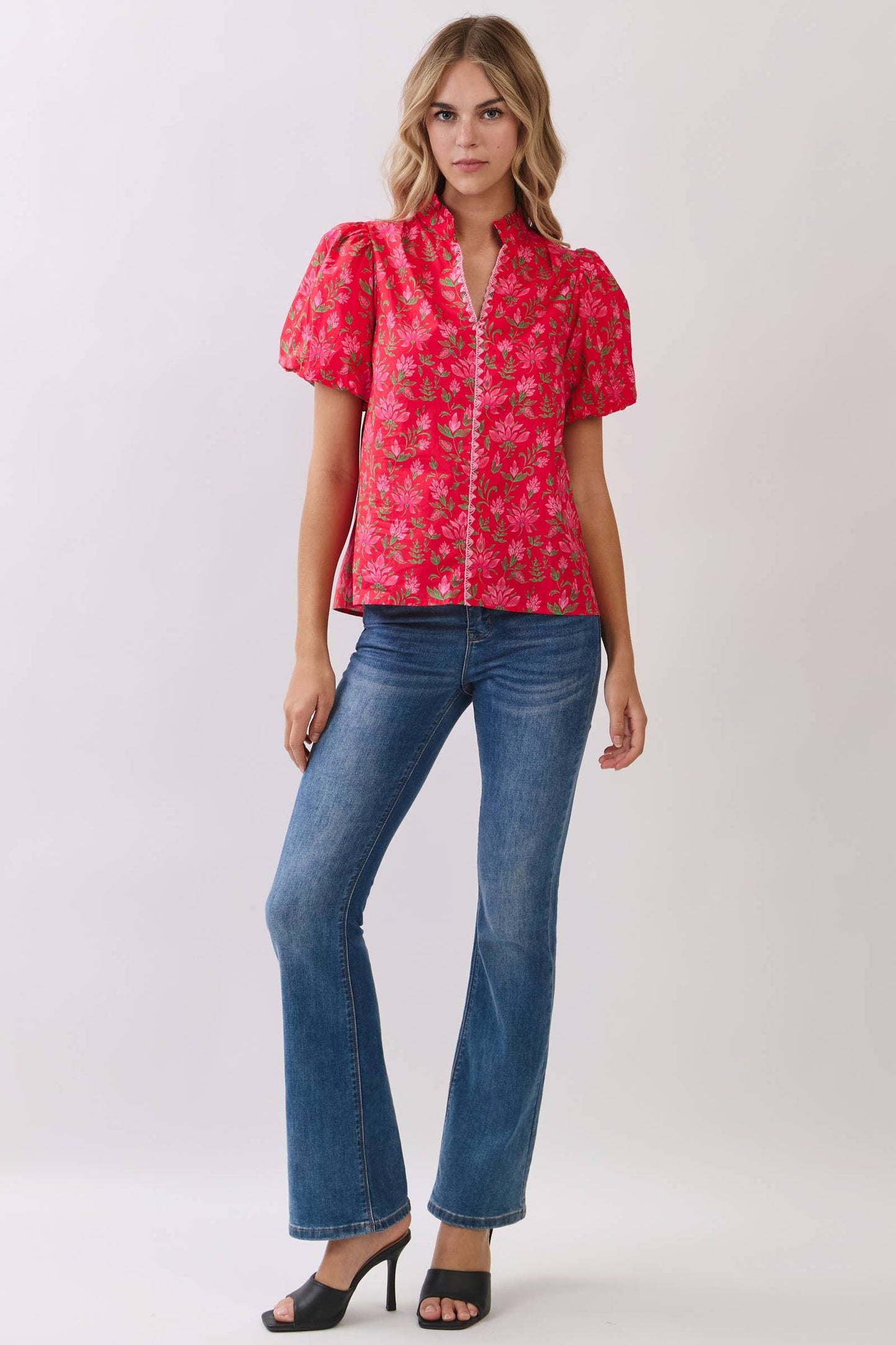 Floral Print Puff Sleeve Blouse | Red