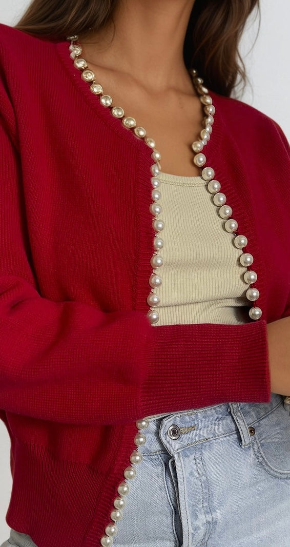 Pearl Trim Cardigan Red