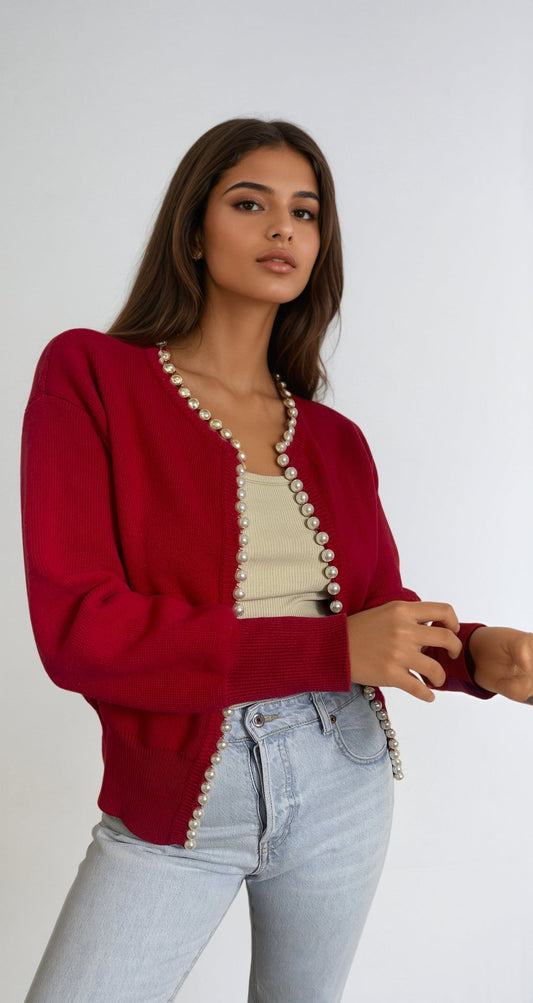 Pearl Trim Cardigan Red