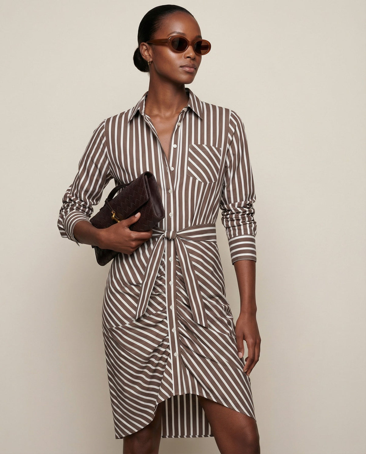 The Wrap Front Dress | Brown/White Stripe