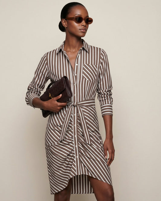 The Wrap Front Dress | Brown/White Stripe
