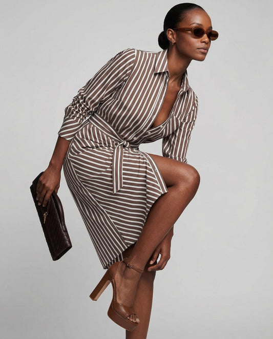 The Wrap Front Dress | Brown/White Stripe