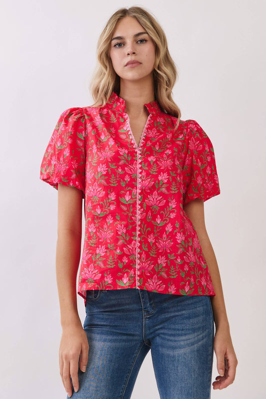 Floral Print Puff Sleeve Blouse | Red