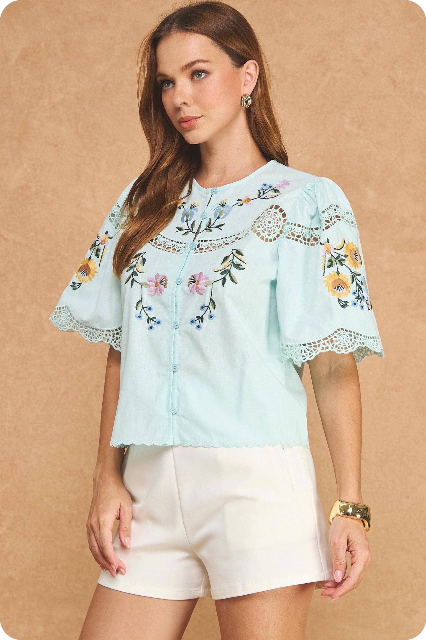 Embroidered Short Sleeve Top | Sky Blue
