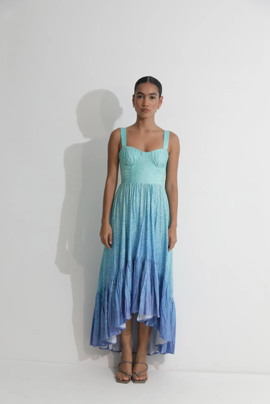 blue ombre high low dress A-Line Sweetheart Floor Length Chiffon Bridesmaid Dress COCOMELODY LOZF15045, Fuchsia