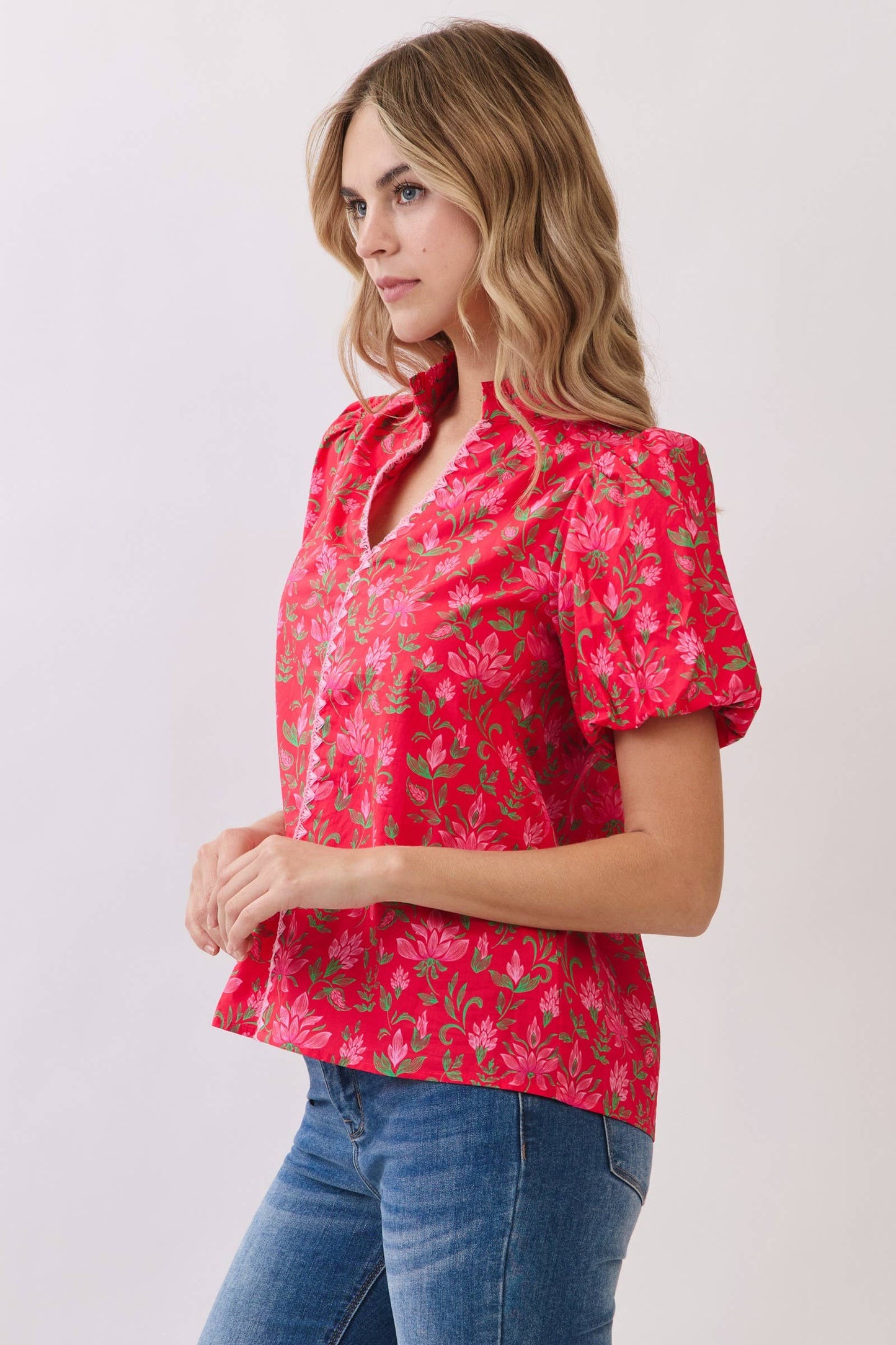 Floral Print Puff Sleeve Blouse | Red