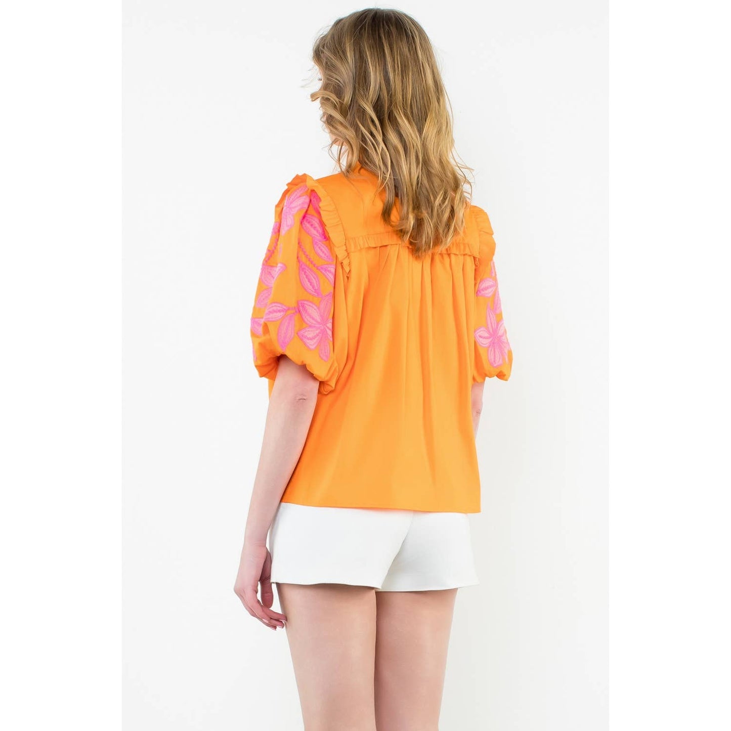 Embroidered Poplin Puff Sleeve Top