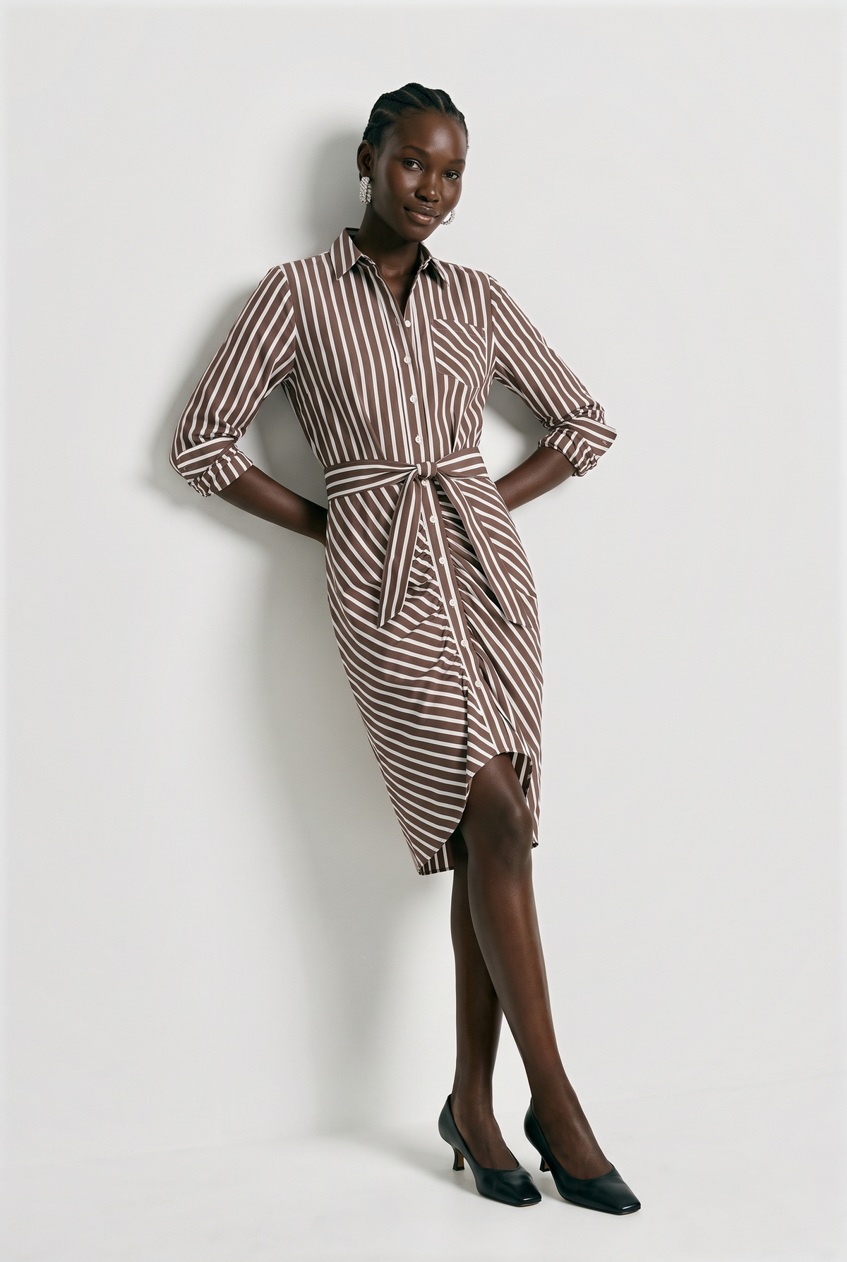 The Wrap Front Dress | Brown/White Stripe