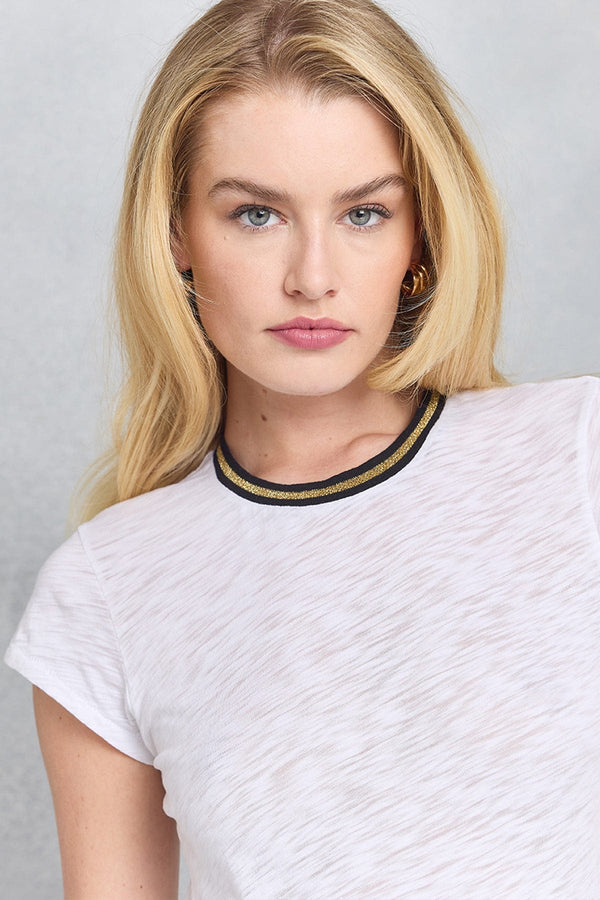 Metallic Tipped Ringer Tee in White